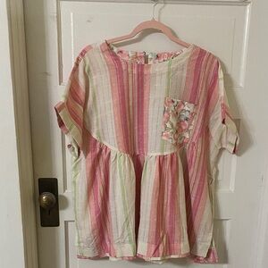 NWT Sage + Fig Striped Floral Pocket Blouse - Pink & Cream, Size Small
